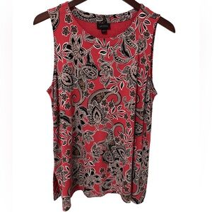 J Jill Wearever Women's Size Medium Coral With White Floral Sleeveless Top